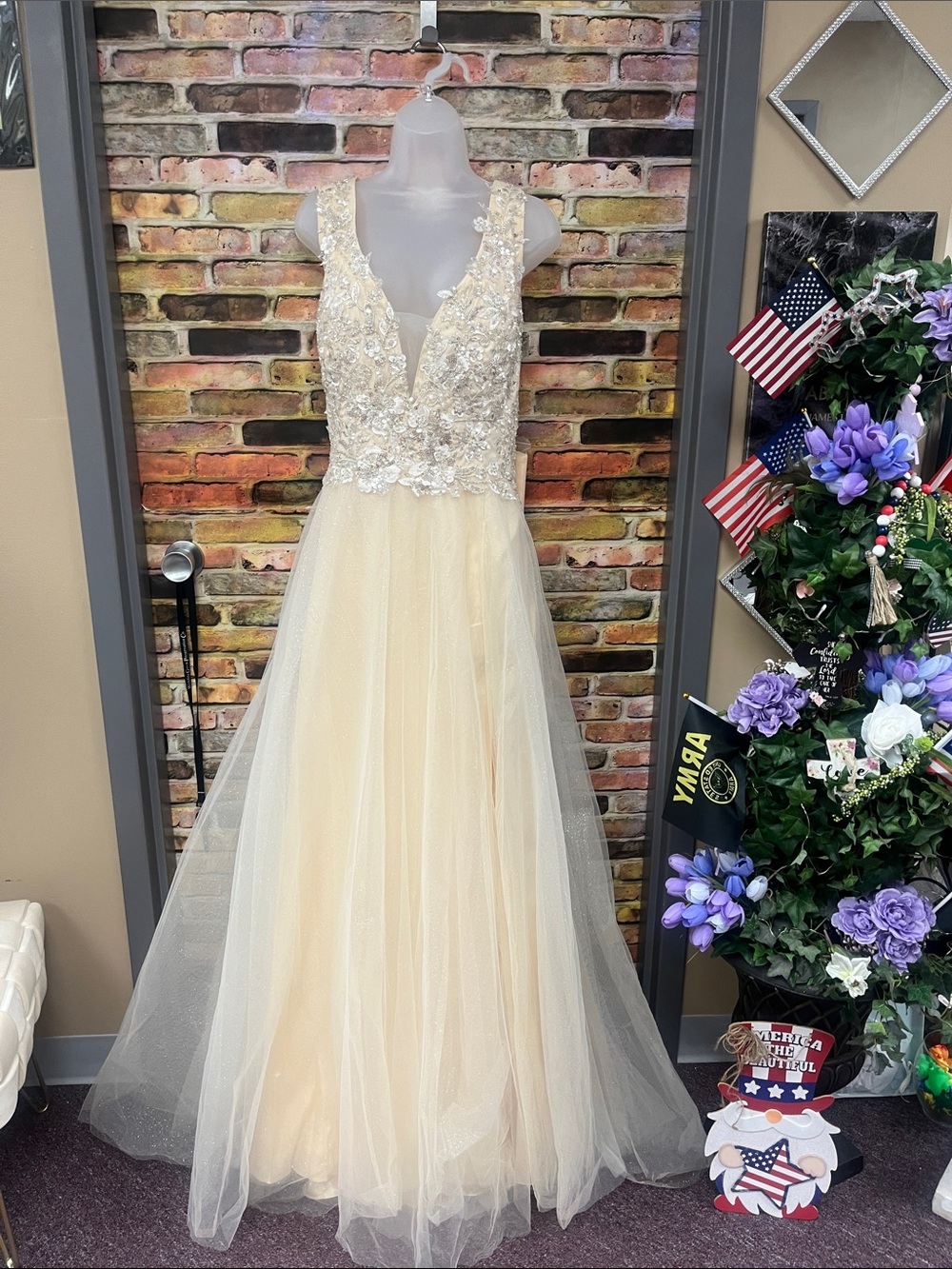 Annabelle Champagne and Ivory Beaded Lace Tulle Informal Bridal Gown